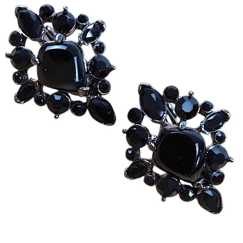 Vintage Monet Clip On Earrings Gunmetal Faceted Black Rhinestones